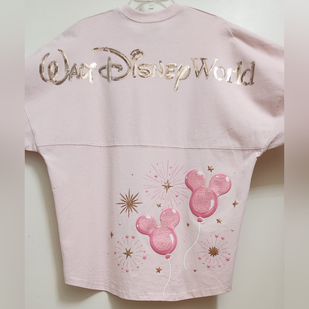 *NEW* Walt Disney World Sz L Pink Mickey Balloons Sequins Glitter Spirit Jersey
